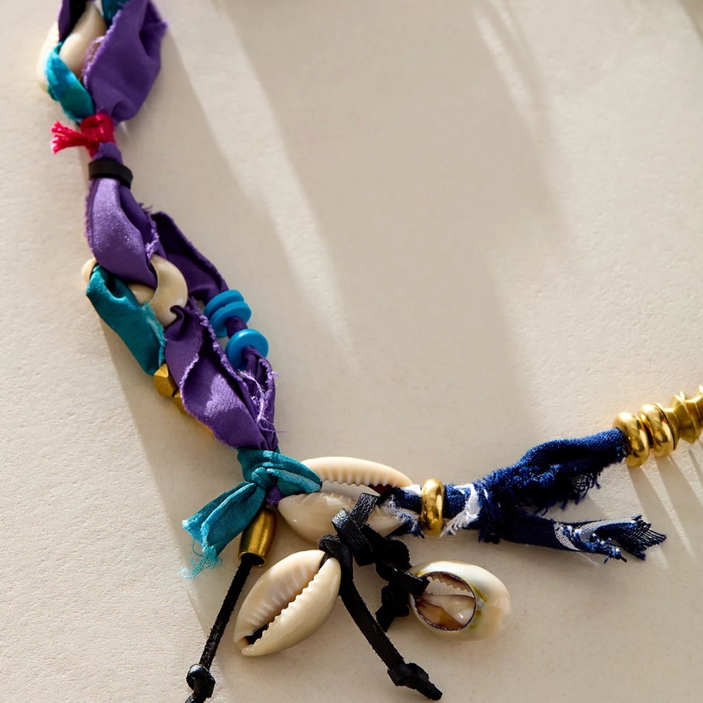 Free People Bandana Scarf Necklace Multicolor Shell and Fabric Necklace